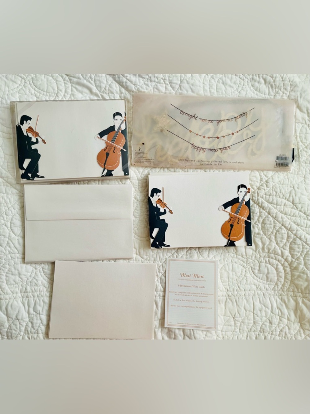 Vintage NIP Meri Meri Cello Musician 16 Invitations and Banner New Year’s Eve